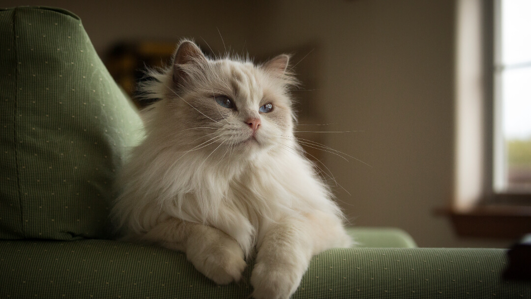 White Ragamuffin cat lying on chair