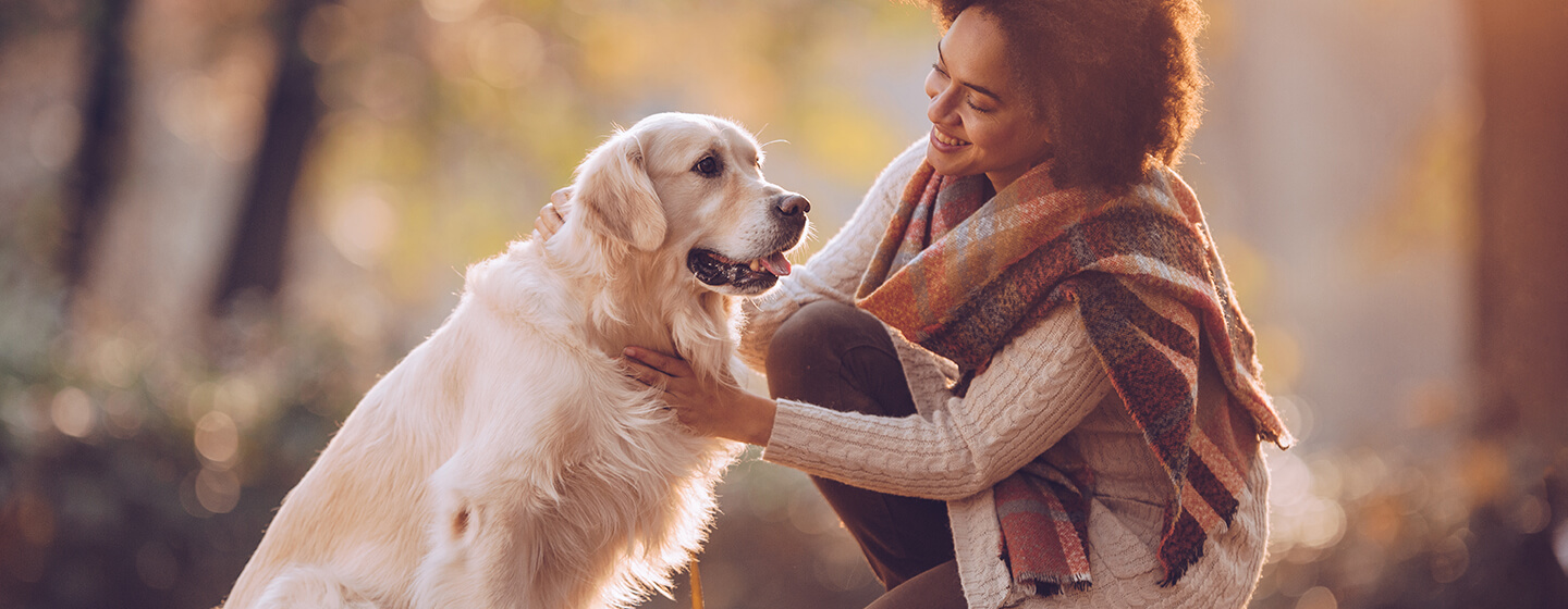 Woman sitting with dog in woods