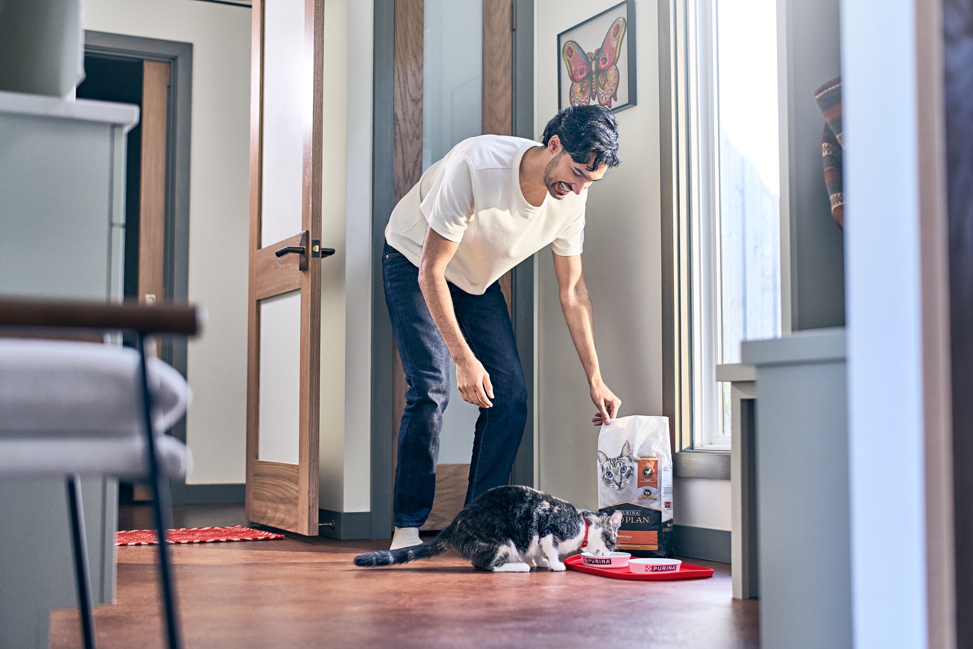 man feeding dog
