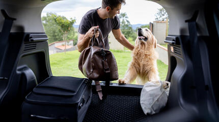 Man and dog getting ready for car trip